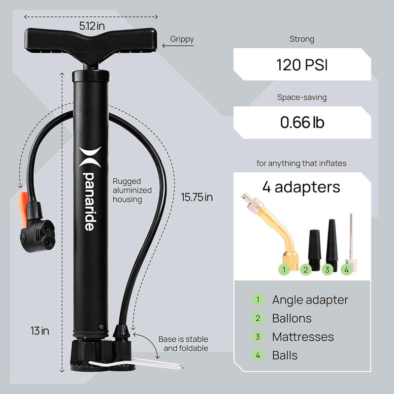 panaride Bike Pump Floor, Advanced Bike Tire Inflator, Bicycle Hand Air Pump with Dual Presta and Schrader Valves, Handheld Pump, Suitable for Road and Mountain Bikes, Baby Stroller, Balls - Image 3